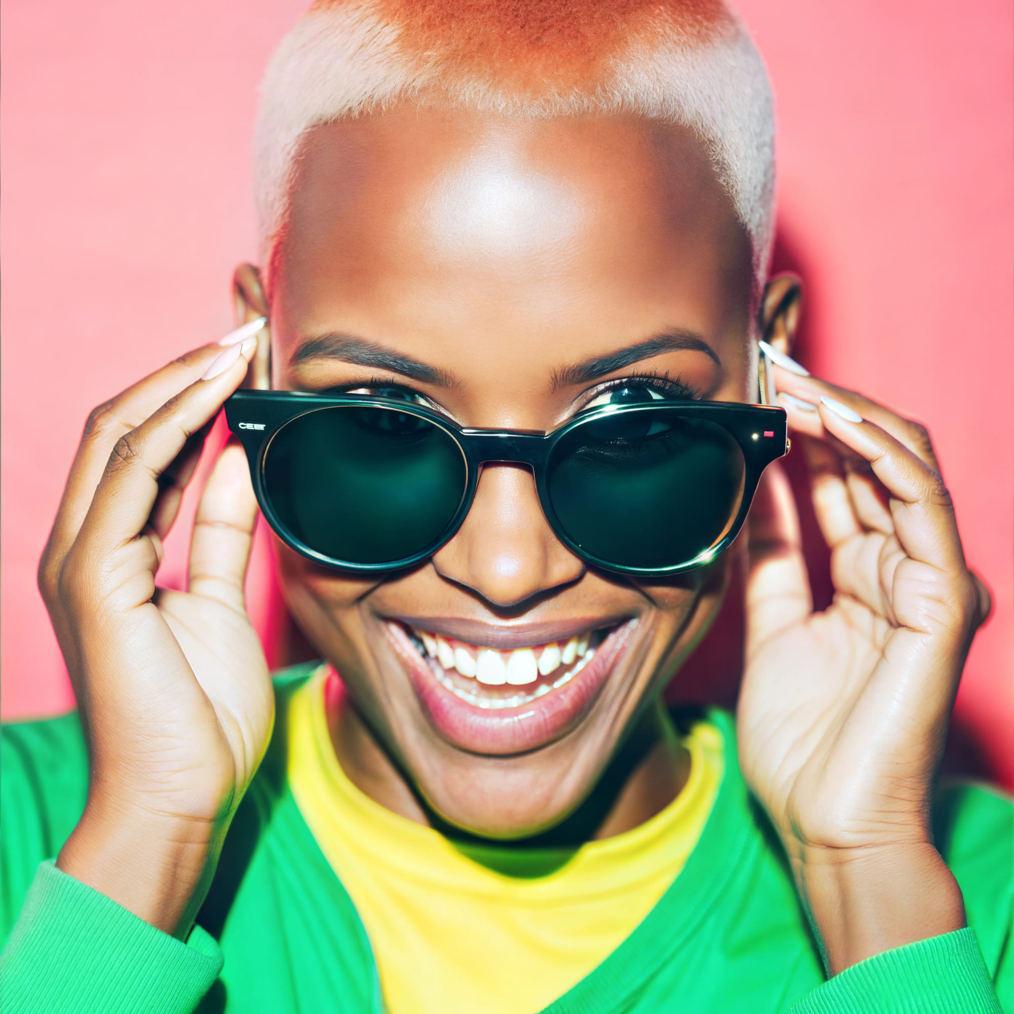 woman with short white hair in black sunglasses, pink background