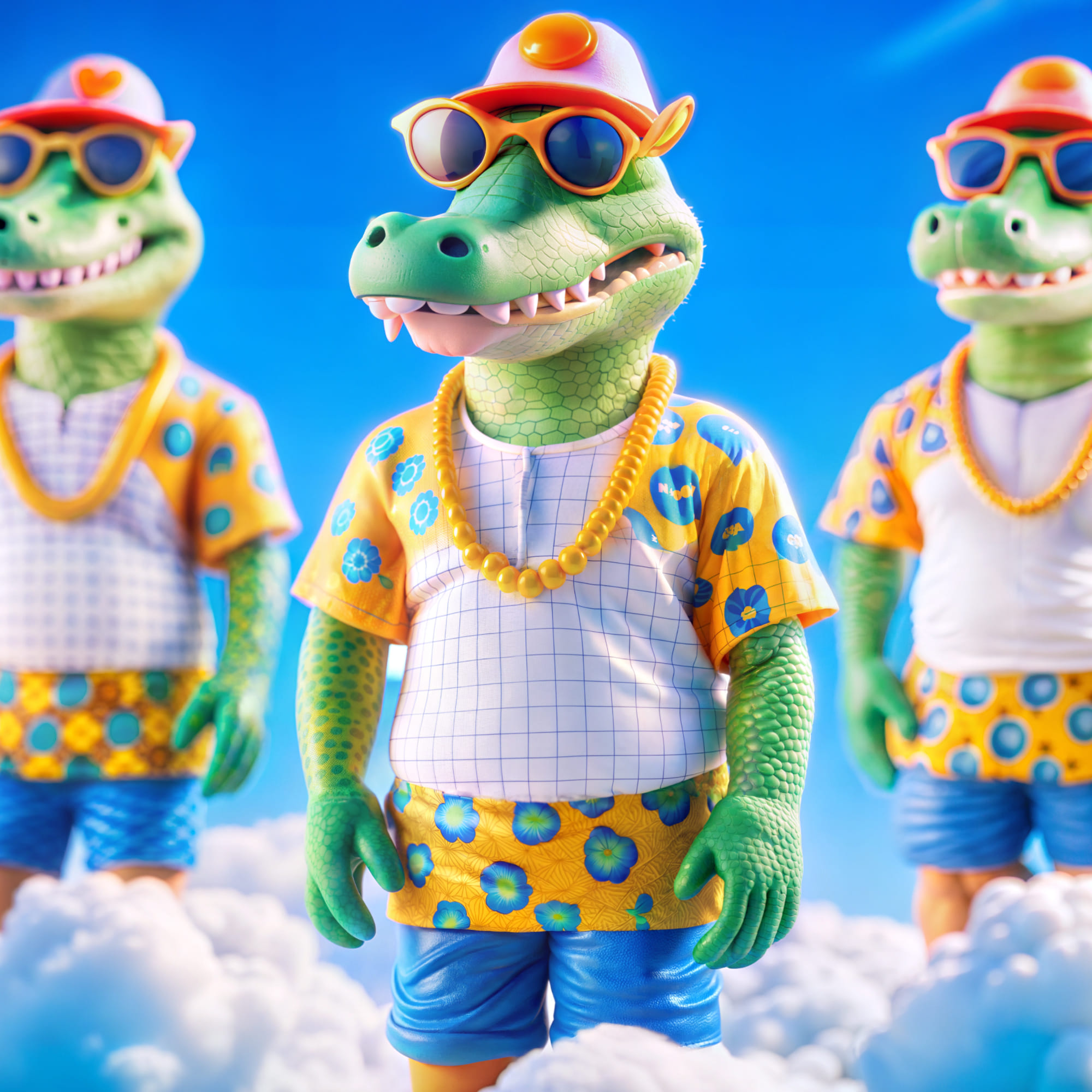 cartoon crocodiles in Hawaiian shirts and sunglasses, blue sky